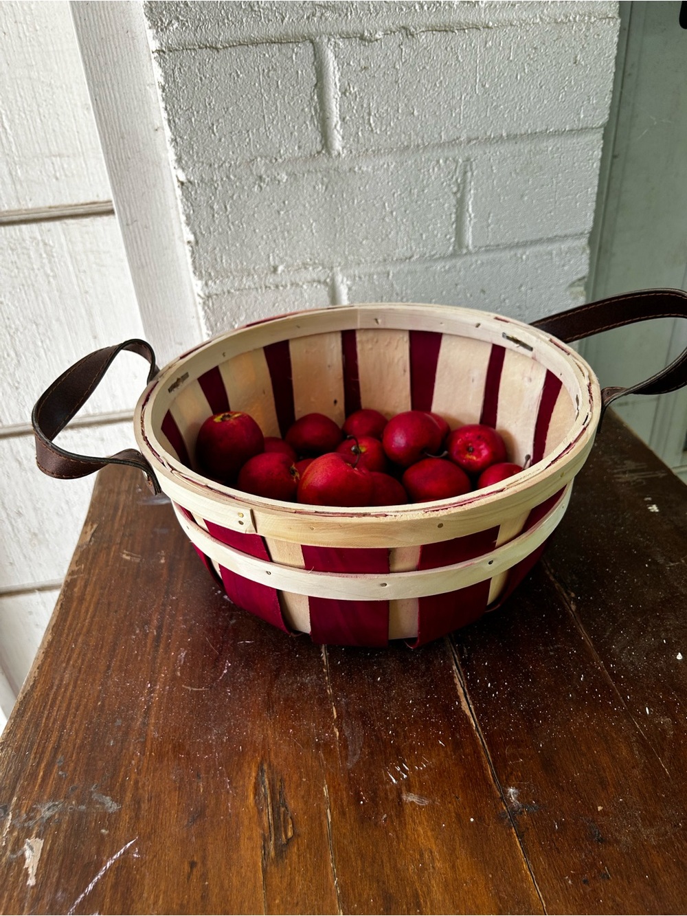 Rustic Red and Natural Woven Basket with Leather Handles